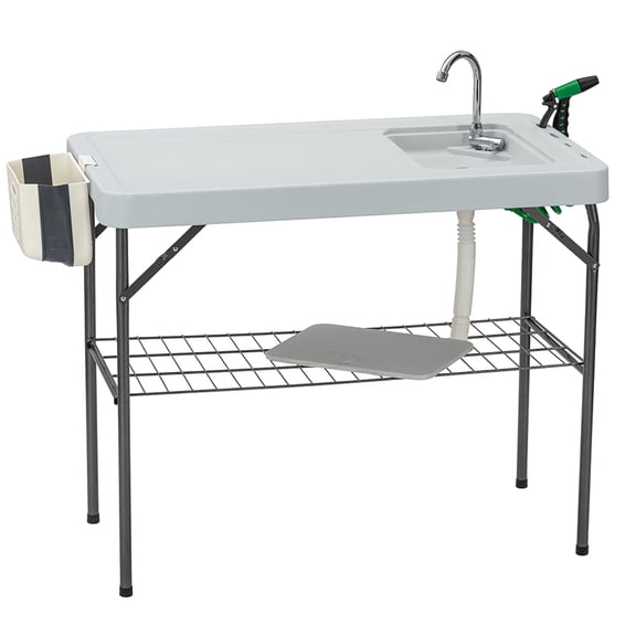 Folding Fish Cleaning Table, Portable Outdoor Fillet Station Camping Sink Table with Faucet, Drainage Hose & Sprayer, Grid Rack for Picnic Fishing