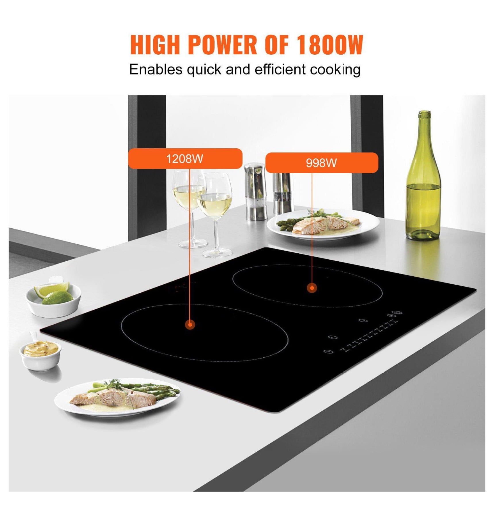 Electric Cooktop 2 Burner, 24'' Induction Stove Top Built-in, 1800W Magnetic Cooktop, 9 Heat Levels, LED Touch Control, Child Lock & Overheat Protection