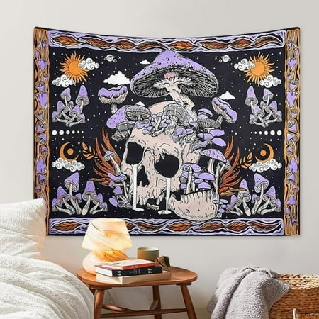Skull Mushroom Pattern Tapestry - Halloween Gothic Room Decor Wall Hanging - Wall Decoration for Living Room Study Bedroom - Halloween & Fall Home Decor Ideas Gothic Accessories