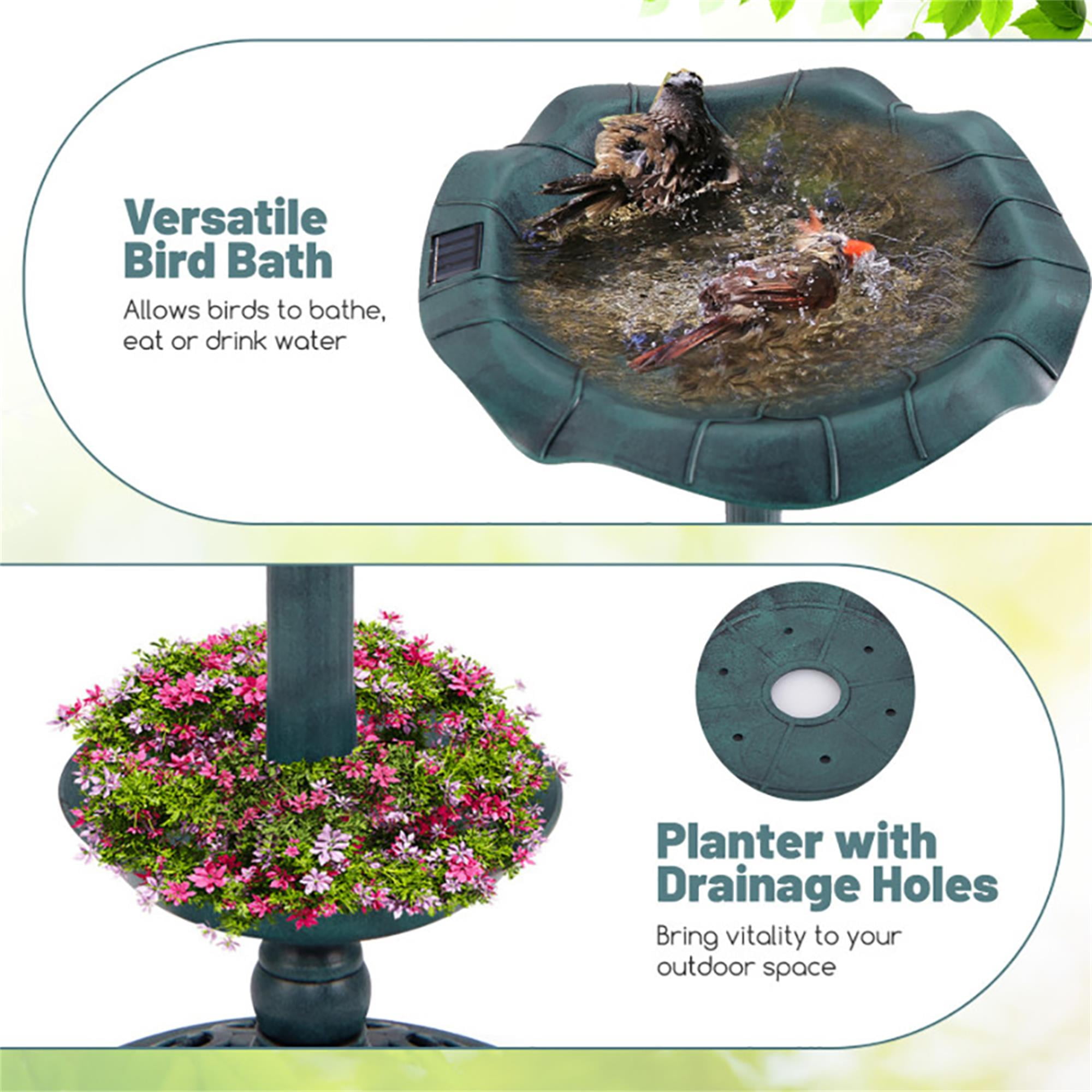 Kadyn 30" Outdoor Garden Bird Bath with Solar Light, Weather Resistant Pedestal, Backyard Bird Feeder and Flower Planter, Green