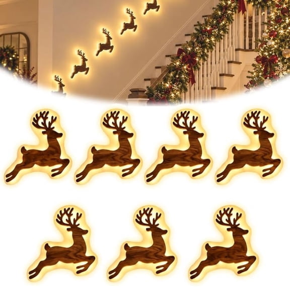 7Pcs LED Reindeer Wall Decorations Wooden Reindeer Christmas Decor Christmas Glow Silhouette Lights Home Decor Warm Backlit Peel & Stick Entryway Glow for Outdoor Indoor Front Door