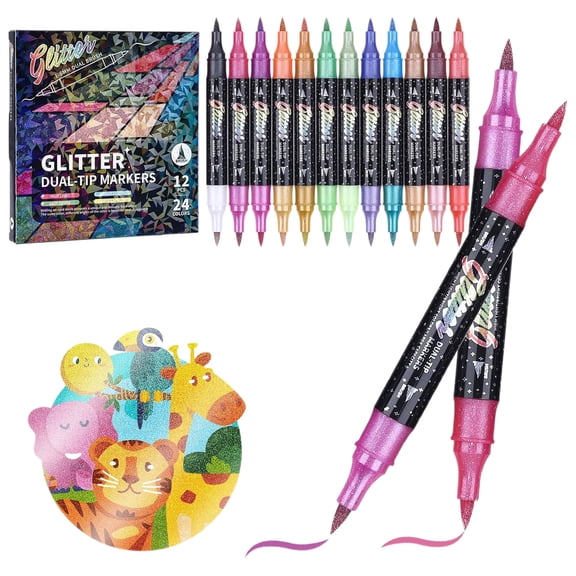 Glitter Effect Brush Markers Pens, 24 Colors Dual Tip Metallic Sparkle Pens for DIY Crafts Coloring Scrapbooking Art Supplies.