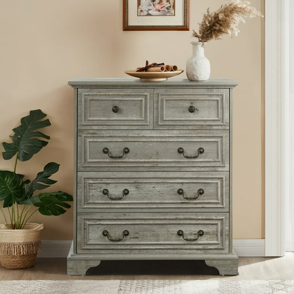 Aukfa 5 Drawers Dresser for Bedroom,Tall Dressers Chest of Drawers,Ancient Gray