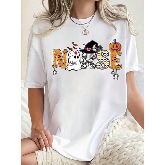 Women Round Neck T Shirt Halloween Nurse Ghost Pumpkin Print Casual Holiday Tee