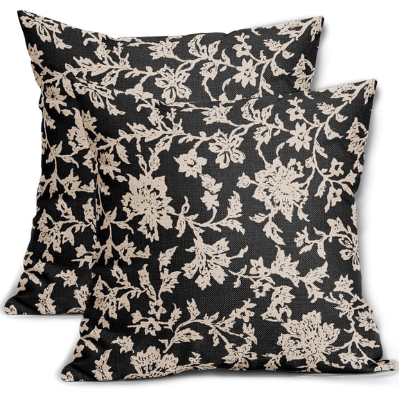 Black Floral Pillow Covers 18x18 Set of 2 Brown Cream Vintage Flower Block Print Pattern Decorative Throw Pillowcases Outdoor Rustic Farmhouse Square Cushion Cases Decor for Home Couch Sofa Bed