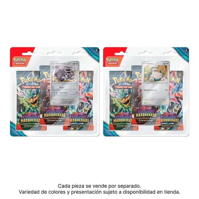 tarjetas coleccionables pokémon trading card game 3 paquetes twilight masquerade varios modelos 1 pieza — Blister frontal con tres sobres Twilight Masquerade y una carta visible con ilustración de Snorlax o Revavroom, empaque de cartón multicolor con logo Pokémon Trading Card Game en la esquina, composición centrada sobre fondo blanco.