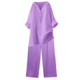 thumbnail image 6 of JFGHDG Linen Sets for Women 2 Piece Half Sleeve Henley Embroidered Tops Flowy Summer Palazzo Pants Sets Matching Lounge Set Purple XL, 6 of 7