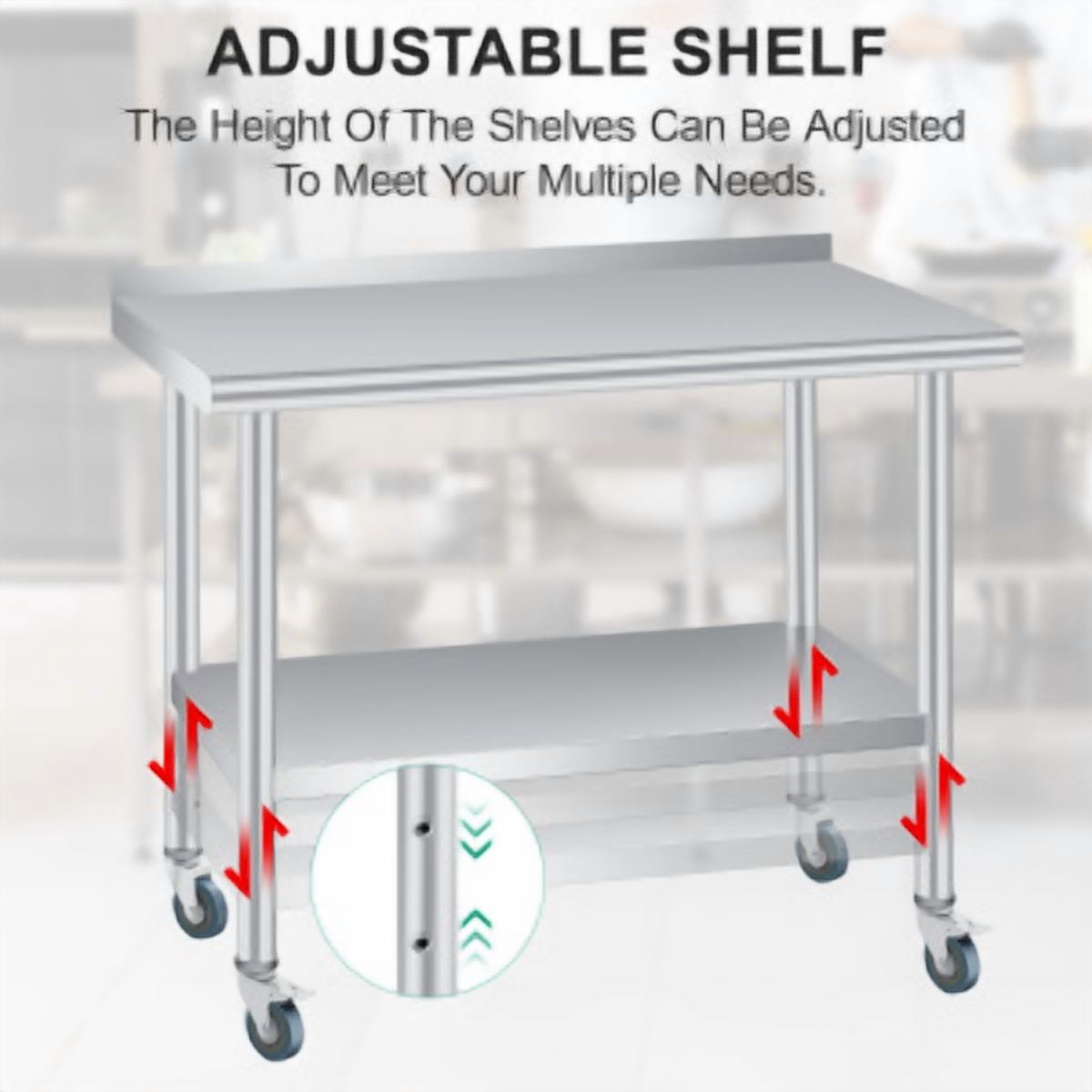 Ataucjin Stainless Steel Table for Prep & Work with Backsplash and 4 Caster Wheels, Commercial Heavy Duty Table with Adjustable Under Shelf for Commercial Kitchen Restaurant Busines