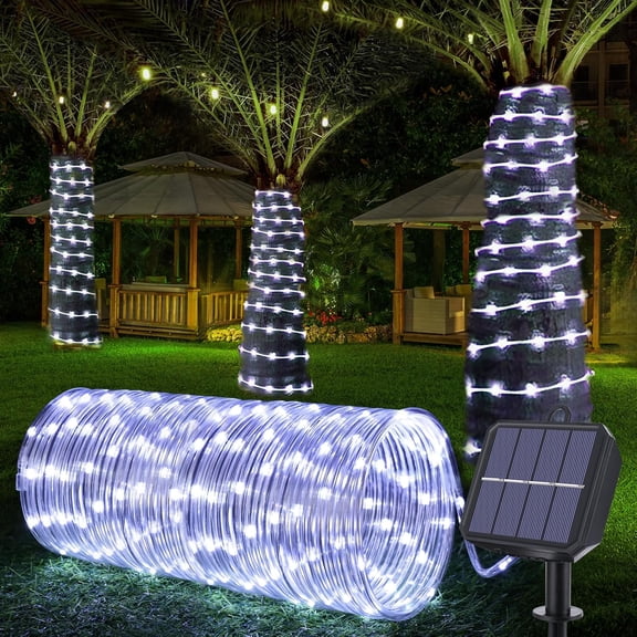 Solar Rope Lights, 72 ft 200LED Solar String Lights, 8 Modes Waterproof Solar Powered Outdoor Light, Flexible Clear Tube Light for Garden, Backyard, Patio, Deck, Porch, Pool, Tree Decorative - White