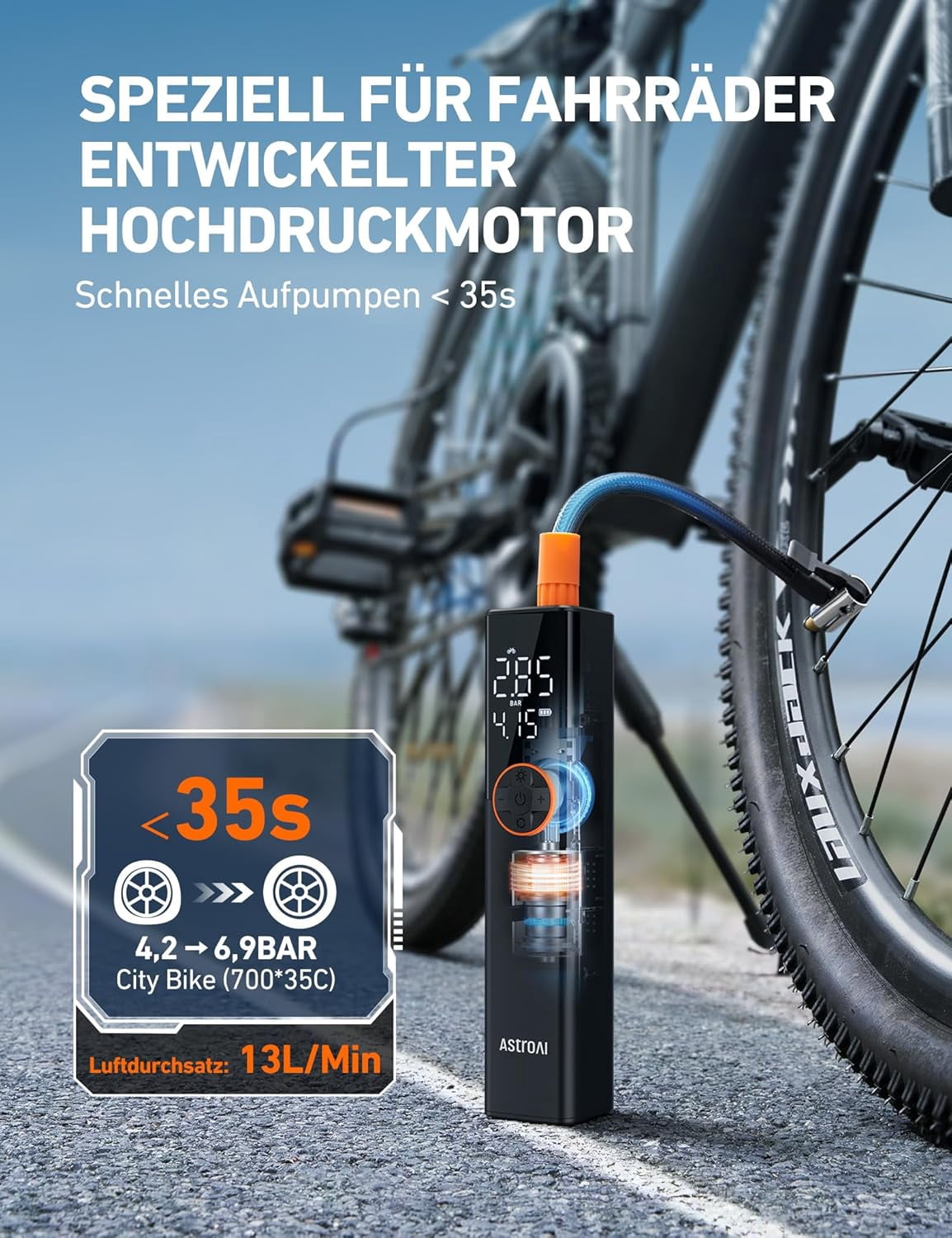 AstroAI Bicycle Pump Electric Air Pump, 150 PSI Mini Portable Battery Bicycle Pump All Valves, High Voltage Motor Specially for Bicycle, Rechargeable for City Bike, Road Bike, Mountain Bike, E-Bike