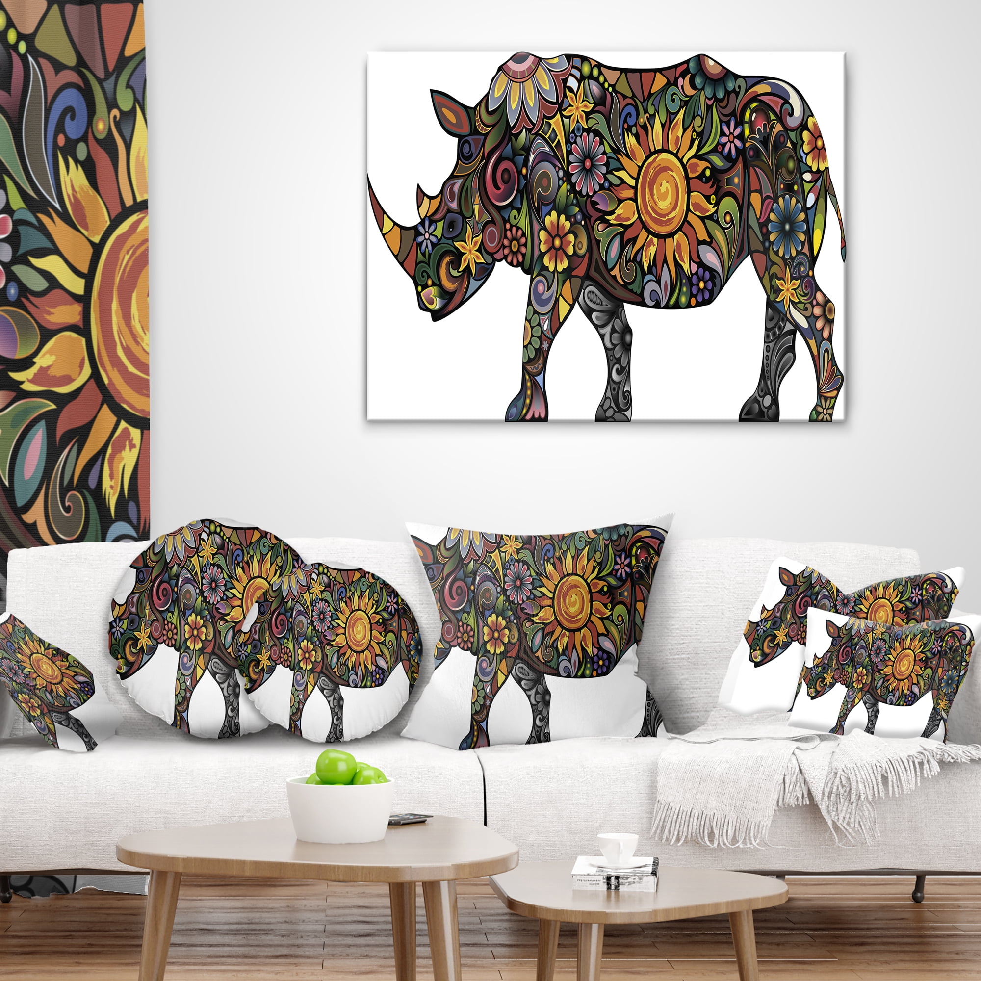 Designart Cheerful Rhinoceros on White - Animal Throw Pillow - 12x20