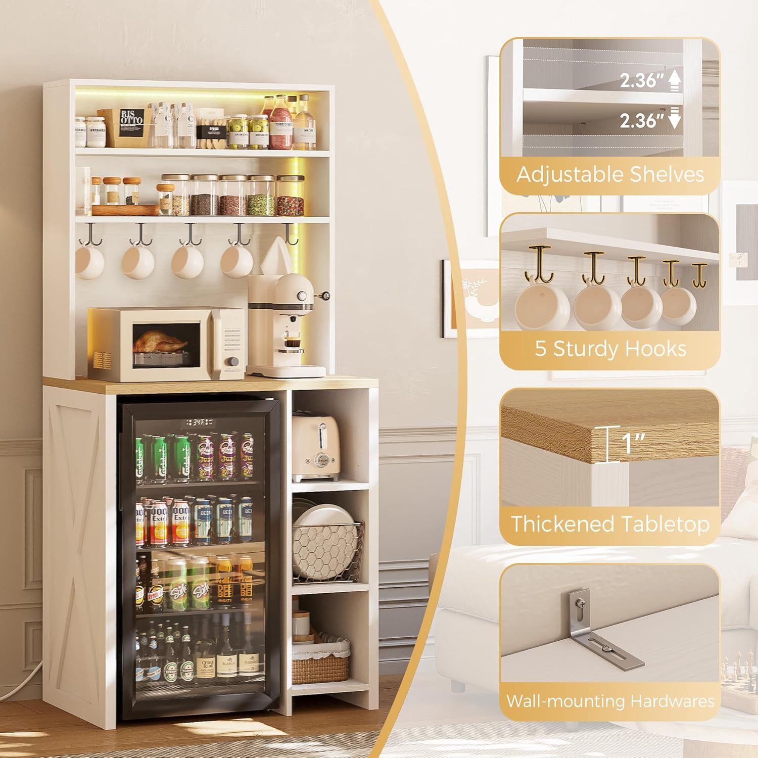 Bakers Rack with Mini Fridge Space, 69.3" Tall Microwave Stand with Power Outlets & LED Lights, 7-Tier Coffee Bar Station with 5 Hooks for for Dining Room, Living Room, White