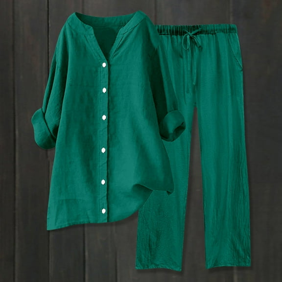 2Pcs Travel Sets for Women Linen Wide Leg Pants Long Sleeve Shirt Set (Green XXXXL)