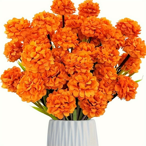ZOELNIC 8 Bundles Artificial Fall Fake Mums Flowers Faux Silk Small Chrysanthemum Ball Outdoor Plastic Plants Flower UV Resistant Autumn Home Kitchen Outside Porch Garden Pots Decoration (Orange)