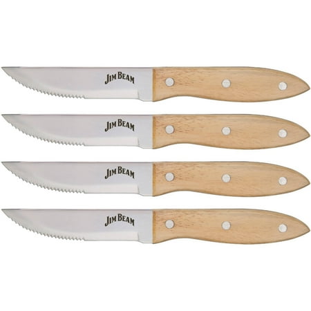 Jim Beam Premium Serrated Triple Riveted Contour Wood Grip Handles Steak Knives Set of