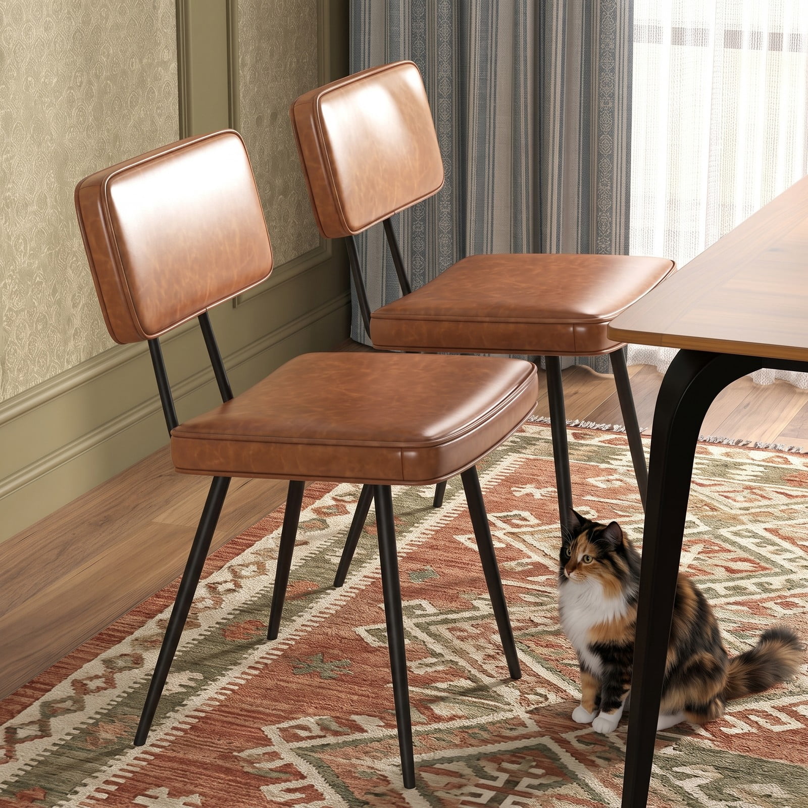 Furnibear Dining Chairs Set of 2, Upholstered PU Leather Kitchen Chairs with Padded Backrest and Cushioned Seat, Metal Tapered Legs Side Chairs for Dining Room, Brown