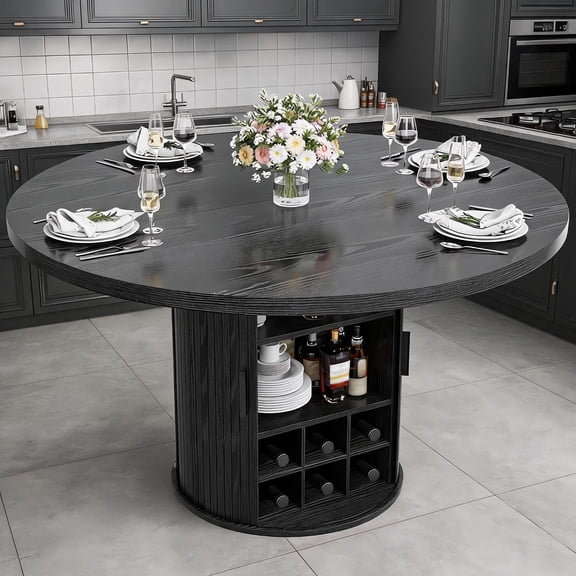 47 Inch Round Pedestal Dining Table for 4-6, Round Kitchen Table with 3-Tier Storage Shelf, Sliding Door, Scratch-Resistant Top,Black