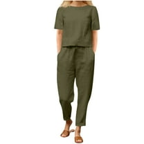 Fmbrln Womens Linen Summer 2 Piece Sets Casual Crew Neck Short Sleeve Tops and Elastic Waist Pants with Pockets Sets Lounge Comfy Outfits Green XL