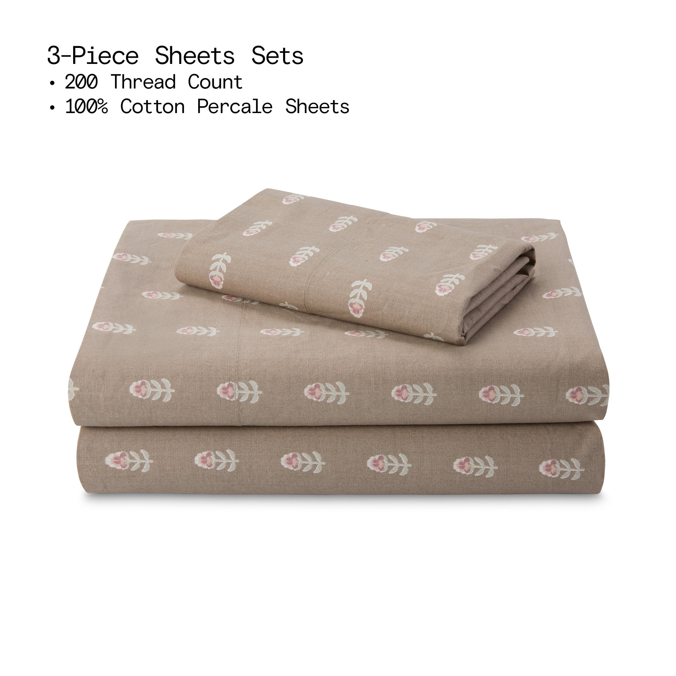 Beautiful Signature Floral 3-Piece 100% Cotton Percale Sheet Set, Fawn, Twin by Drew Barrymore