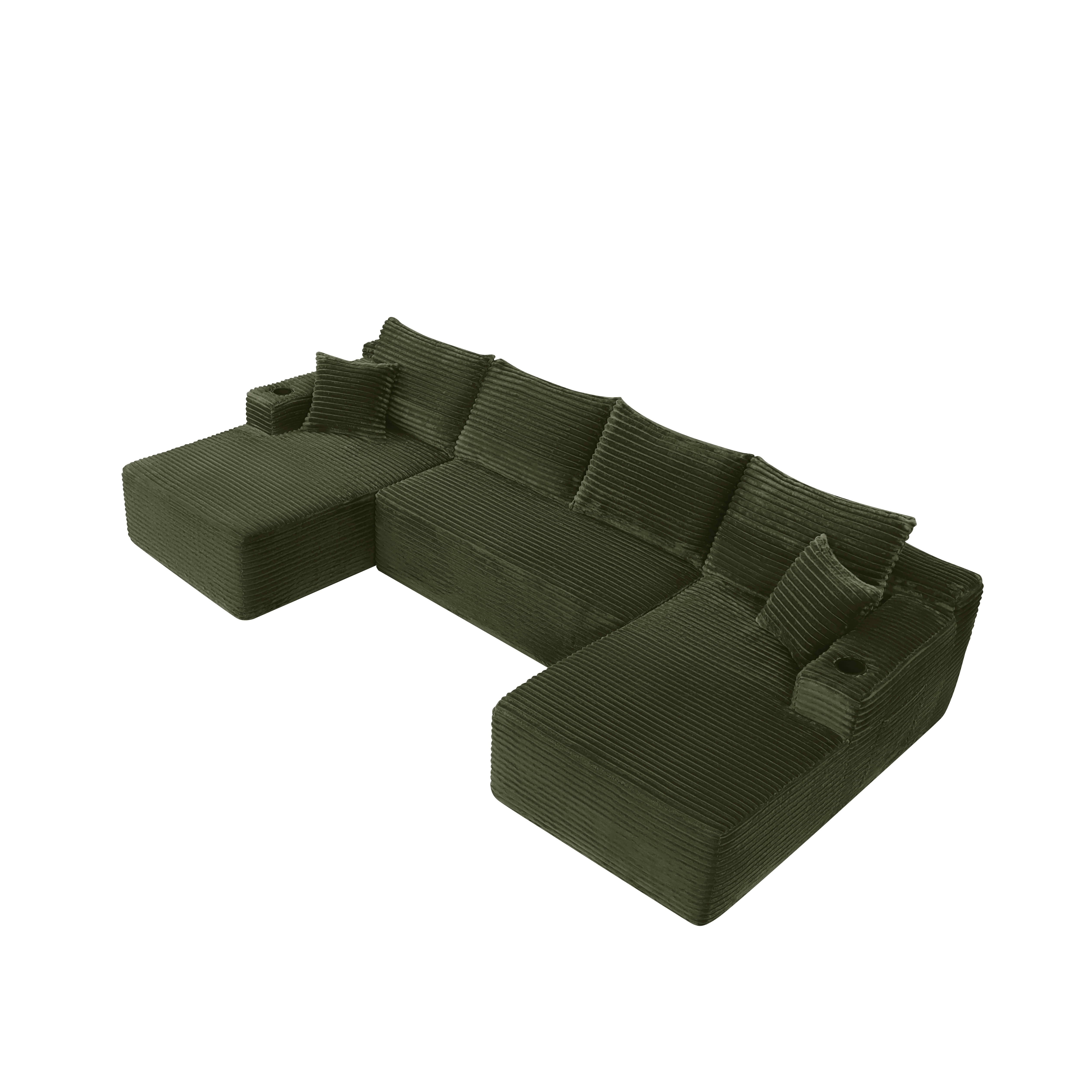 MAYEERTY 134" U-Shape Green Cloud Couch, Modern Modular 5-Seater Sectional Sofa with Side Pockets and Cup Holder, Plush Corduroy Deep Seating Lounge Sofa
