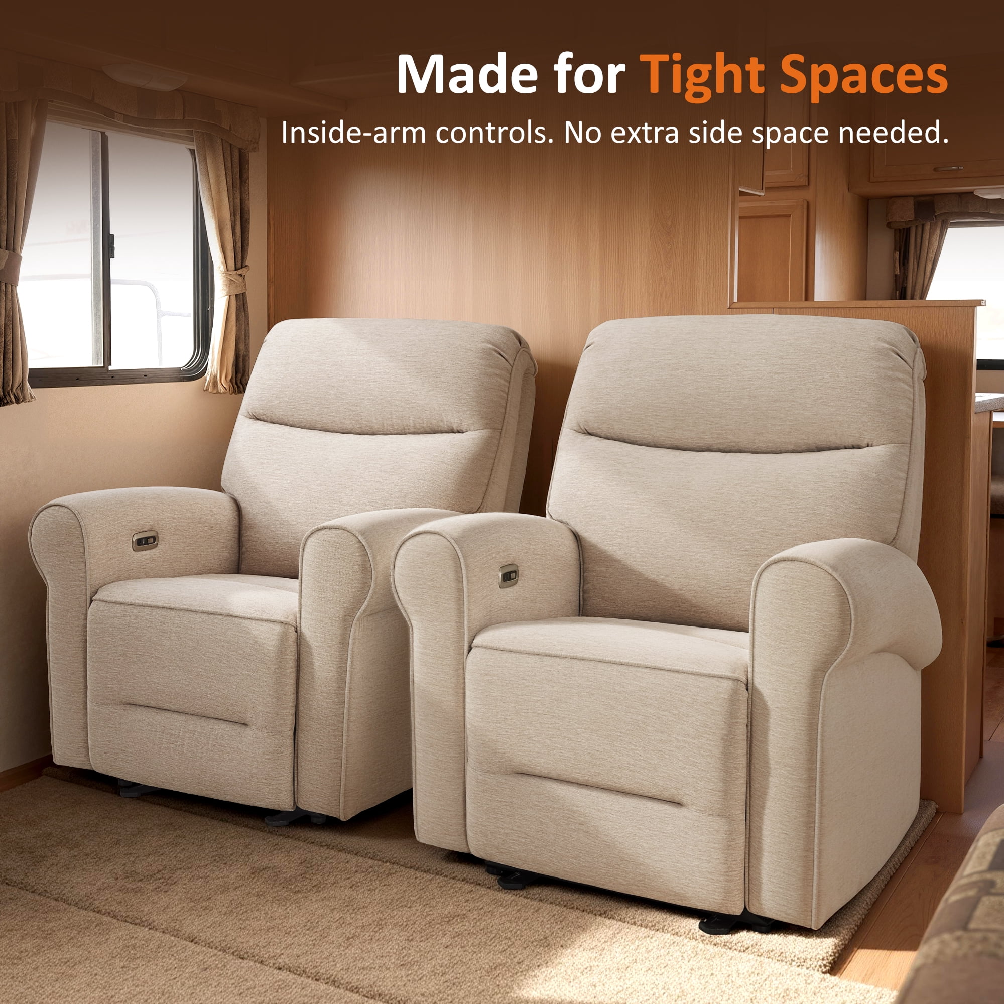 MCombo Small Wall Hugger Power Recliner Chair for Small Space RV Living Room, , Modern Roll Arm Recliner, Fabric, Beige