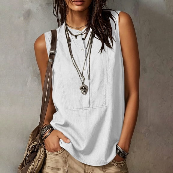 Homenesgenics Tank Tops for Women under $5 Summer Solid-Color Button-Down Cotton-Linen Sleeveless Round-Neck T-Shirt White XXL