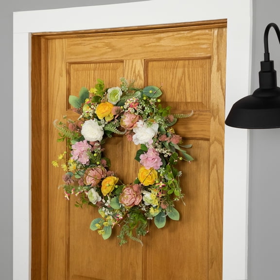 Northlight Rose and Hydrangea Floral Spring Wreath - 26" - Pink and Yellow