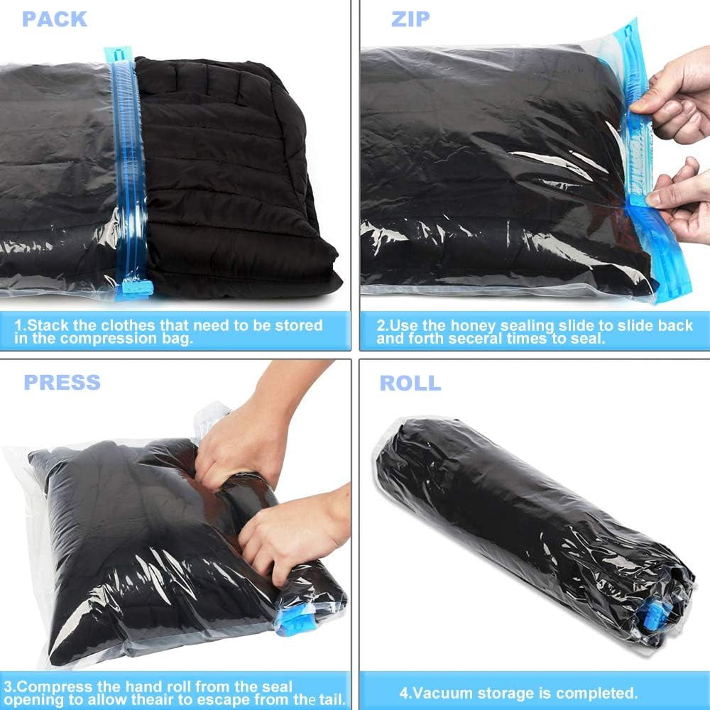 10 Pack Space Saver Bags, Compression Bags for Travel, Travel Essentials, Hand roll vacuum bag, No Vacuum or Pump Needed, Vacuum Storage Bags for Travel Accessorie, Travel and Home Packing Organizers
