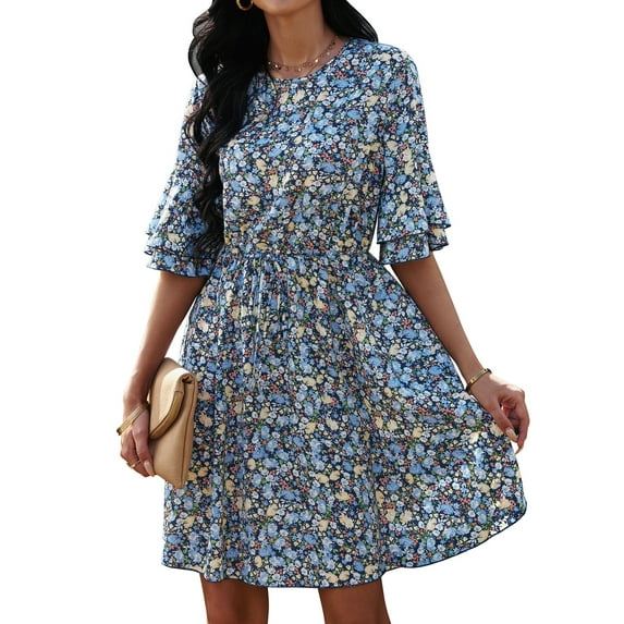hirigin Women Summer Flower Print Dress, Flare Half Sleeve Round Neck Tunic Mini A-line Dress for Beach, Date