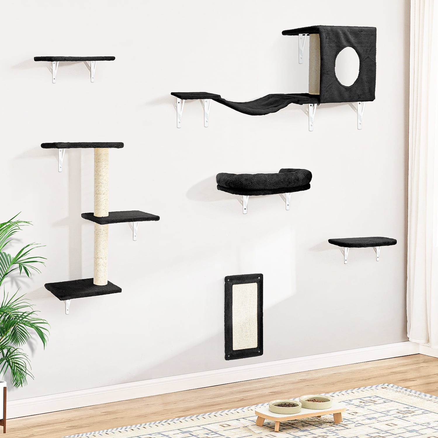 Pefilos Cat Wall Shelves and Perches Set of 6 with Cat Perch, Indoor Cat Condo for Sleeping Playing Lounging Climbing Cat Tree House, Black Pefilos Cat Wall Shelves and Perches Set of 6 with Cat Perch, Indoor Cat Condo for Sleeping Playing Lounging Climbing Cat Tree House, Black