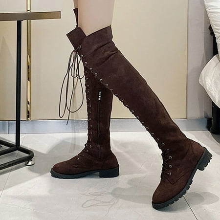 

HaiMao Womens Calf Knee High Boots Clearance Ladies Lace Up Casual Biker Combat Brown 8.5(41)