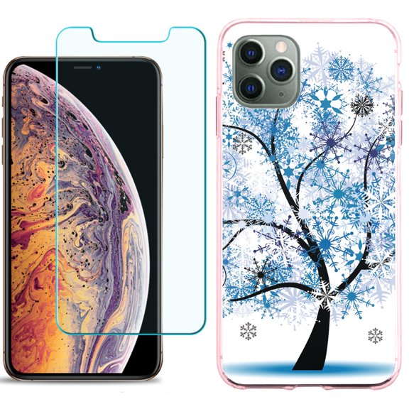 For Apple iPhone 11 Pro Case , Slim-Fit TPU Protective Phone Case with Tempered Glass Screen Protector, by OneToughShield ® - Snowflakes Tree