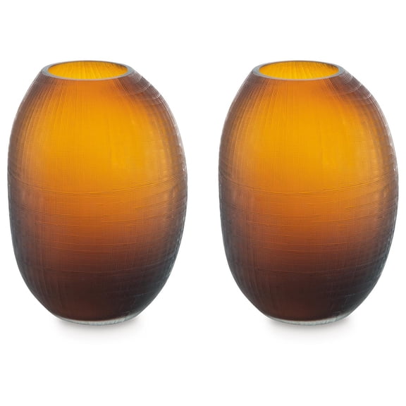 Signature Design by Ashley Embersen Amber Glass Decorative Vase Set of 2 - Tall 11" Indoor Fluted Accent Pieces with Grid Texture