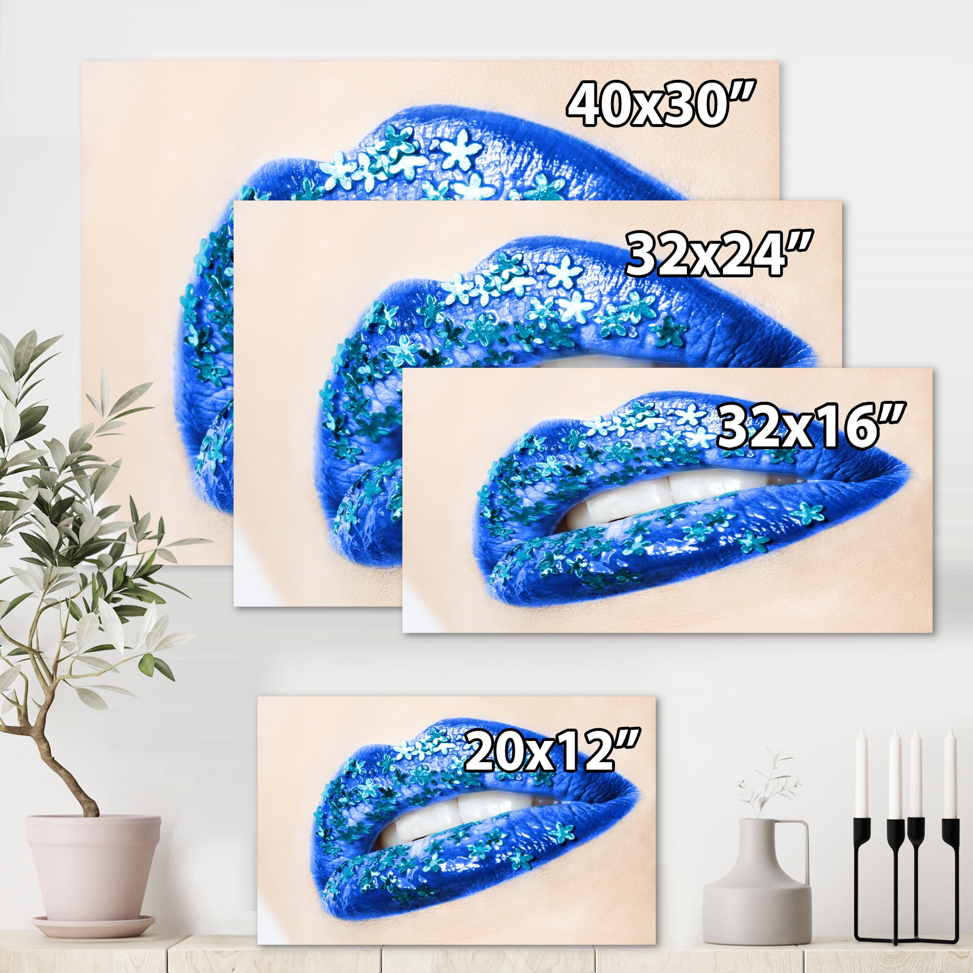 Designart ' Beautiful Woman Lips Blue With Flowers ' Modern Canvas Wall Art Print