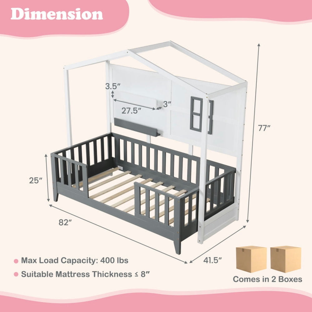 YYAo Bed Platform, Bed Frame Platform Bed,Twin Wood House Bed Montessori Floor Bed with 2 Shelves and Guardrails-Gray & White