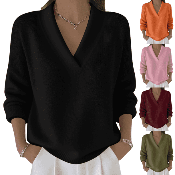 Cadancy Suéter Tops para Mujer Cuello en V Manga Larga Jersey Elegante Casual Suéteres de Punto Más Tamaño Suelto Color Sólido Acogedor Moda Otoño Invierno Ropa,Black,M