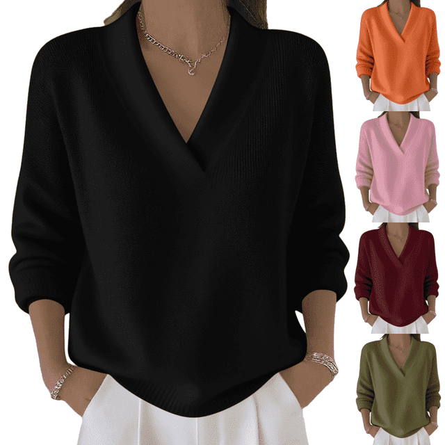 Cadancy Suéter Tops para Mujer Cuello en V Manga Larga Jersey Elegante Casual Suéteres de Punto Más Tamaño Suelto Color Sólido Acogedor Moda Otoño Invierno Ropa,Black,M