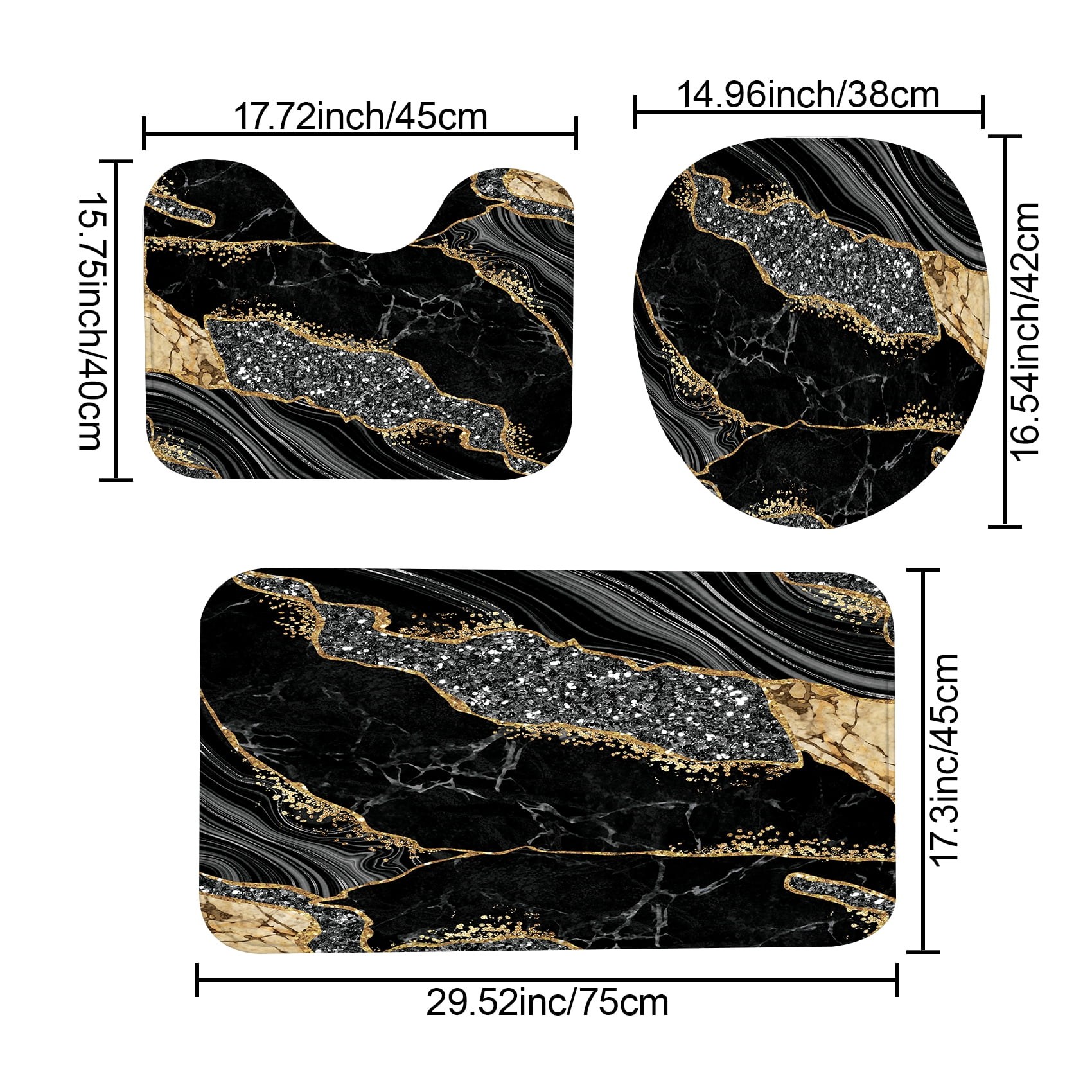 4PCS Marble Shower Curtain Sets, Modern Bathroom Sets with Shower Curtains, Toilet Lid Rug, Contour Mat and Bath Mat, Bathroom Decor Luxury Shower Curtain with 12 Hooks, 72 x 72 Inch, Black