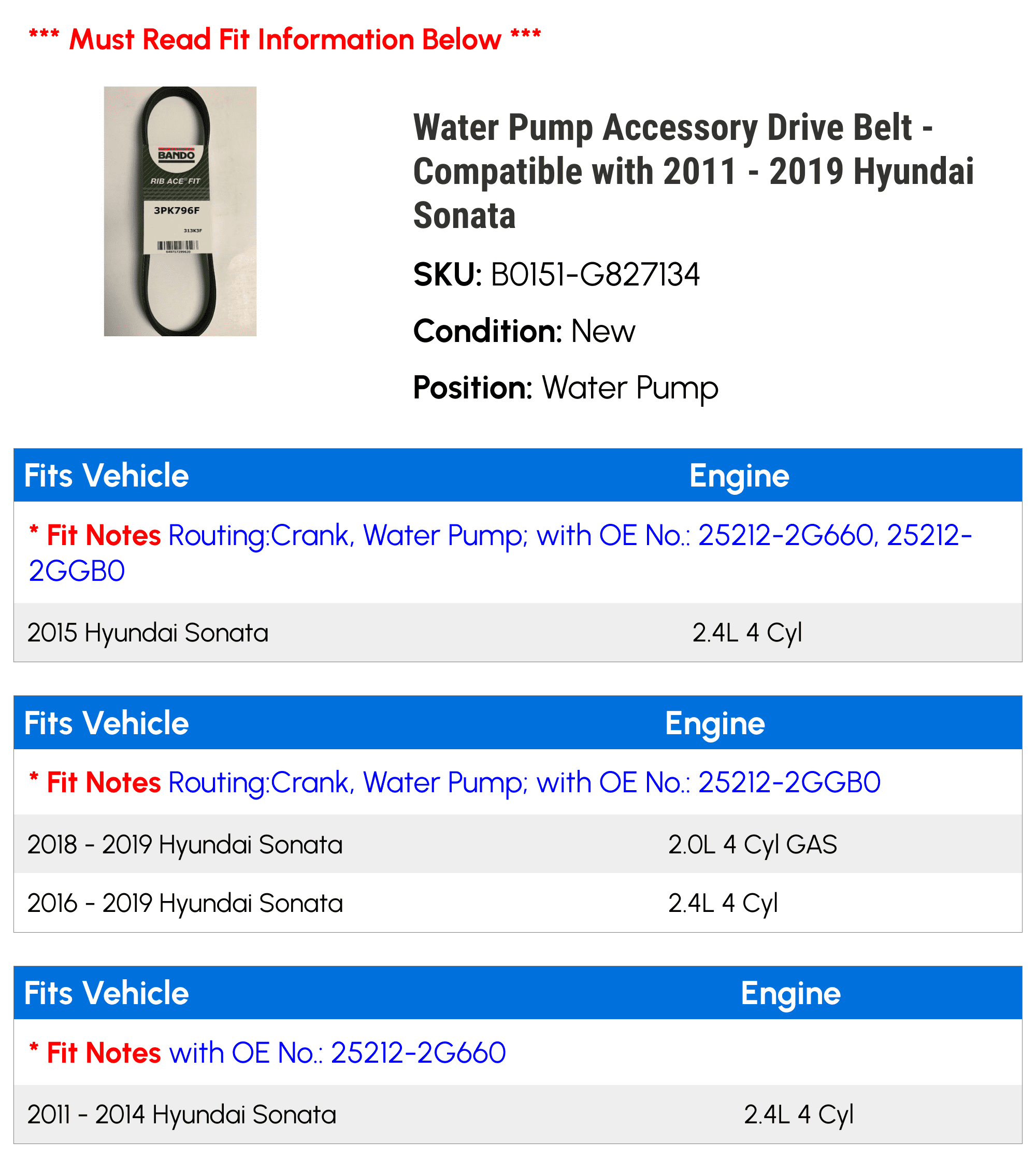 Water Pump Accessory Drive Belt - Compatible with 2011 - 2019 Hyundai Sonata 2012 2013 2014 2015 2016 2017 2018