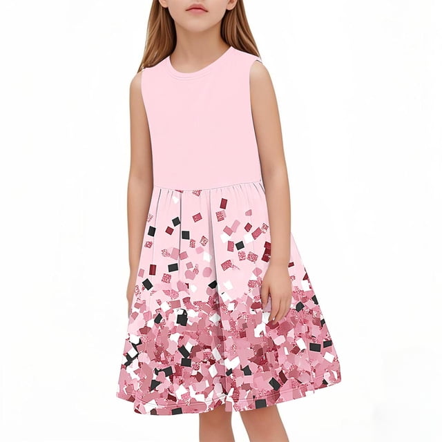 Tranfacy Robes d'Été pour Ados Enfants Sans Manches à Imprimé de Paillettes Col Rond Taille Cintrée Robe d'Été pour Enfants de Taille Moyenne