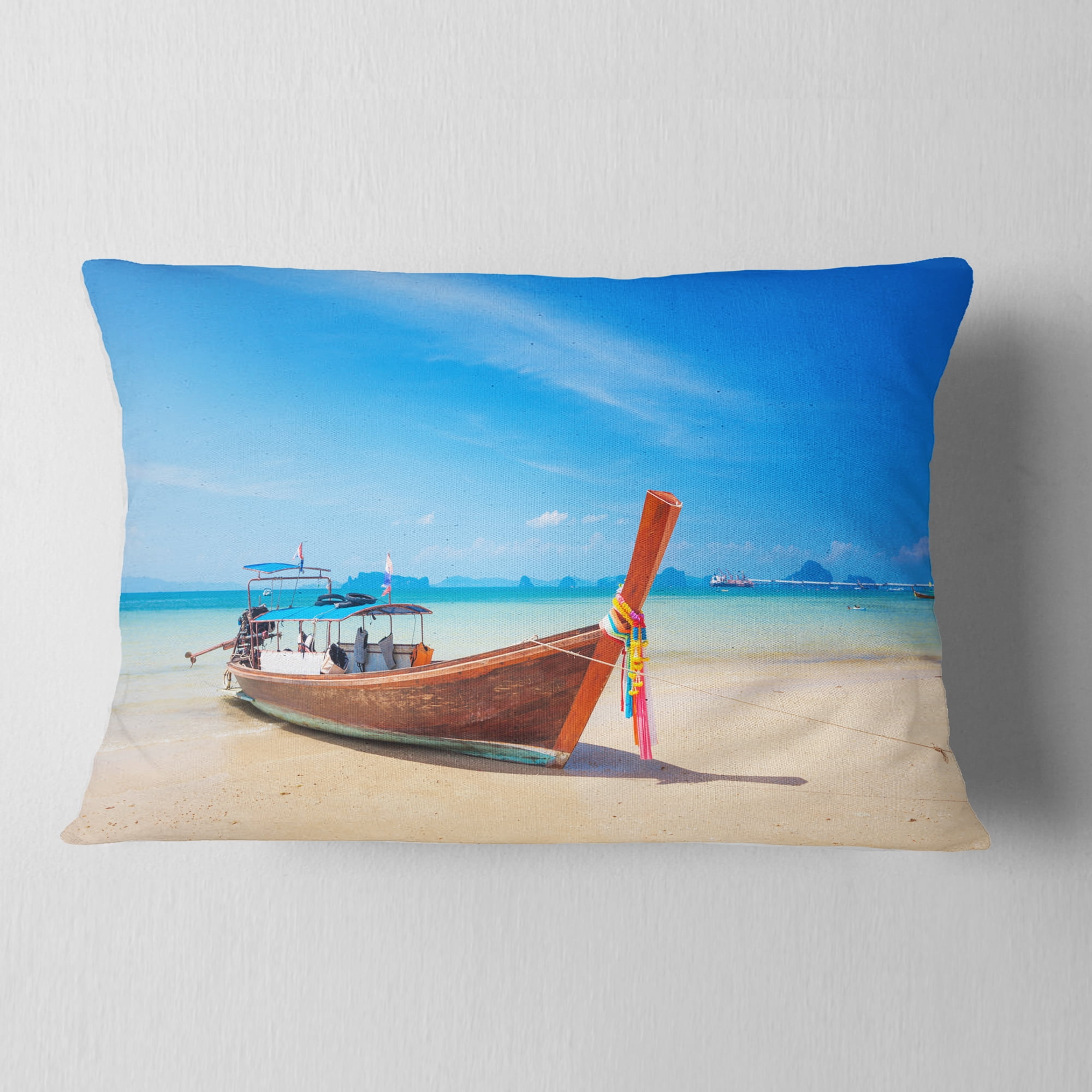 Designart Tropical Beach with Boat - Seashore Photo Throw Pillow - 12x20