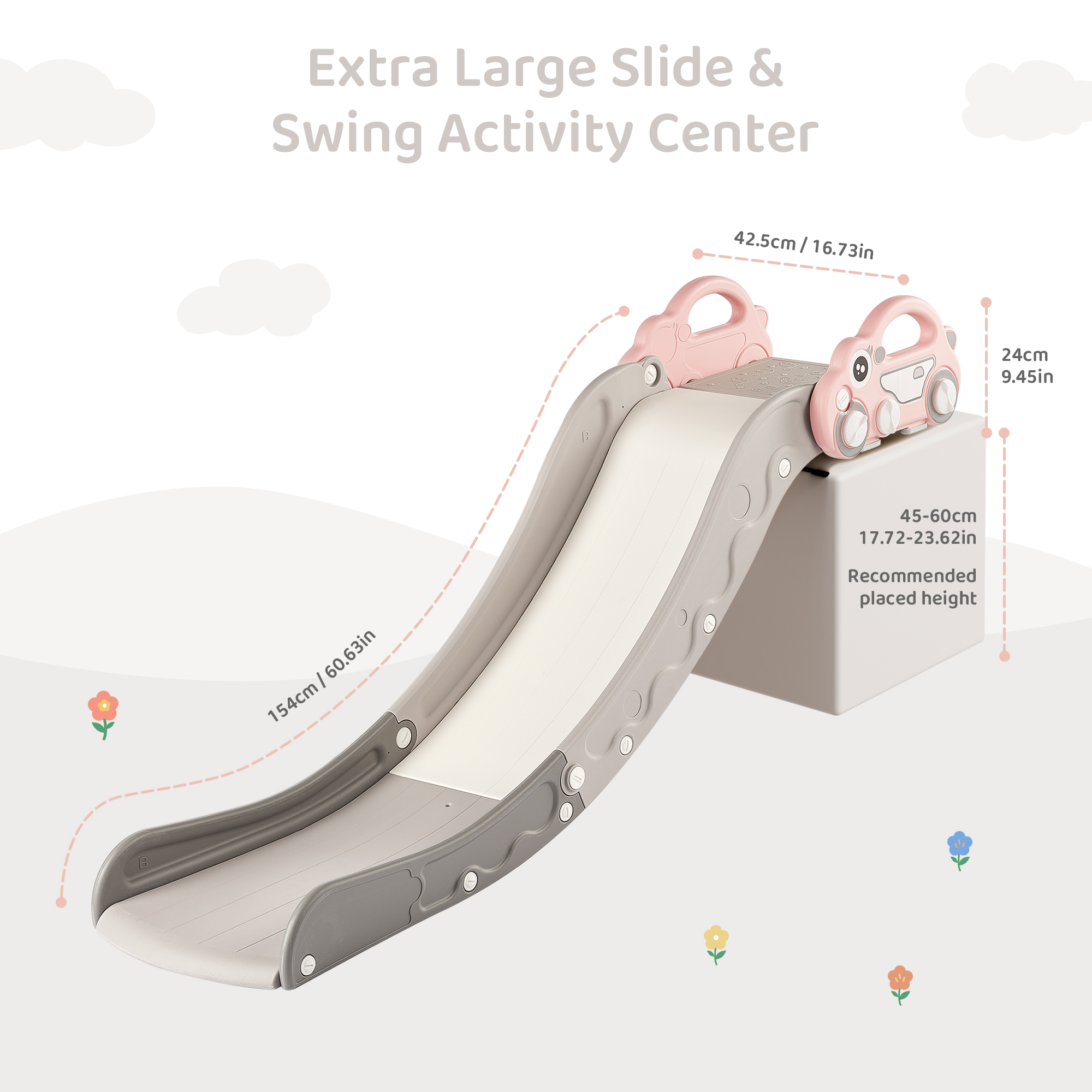 DUKE BABY Kids Indoor Slide for Sofa and Stairs Slide Attachment to Toddler Bed and Nugget Couch for Kids Age 1-5, Pink Grey