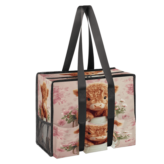 Herdesigns Pink Large Tote Bag for Women with Zipper, Highland Cow Waterproof Handbag Shoulder Bag for Teacher Nurse Work Shopping Travel Beach