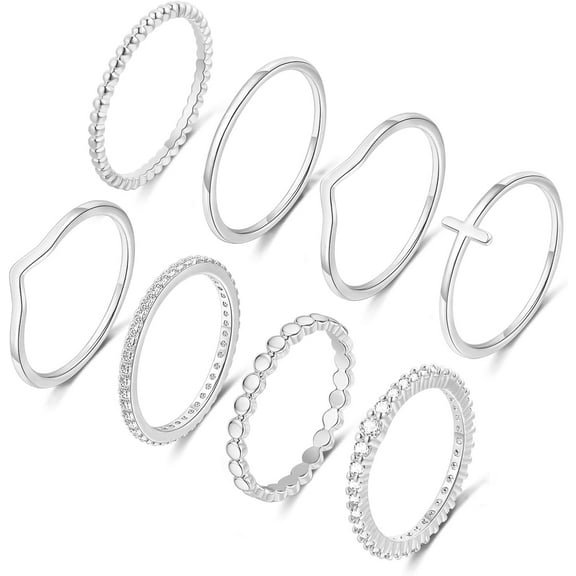 8PCS 14K Gold/Silver Plated Ring Set for Women Dainty CZ Simulated Diamond Ring Eternity Band Non-Tarnish Gold Stackable Ring Size 4-11