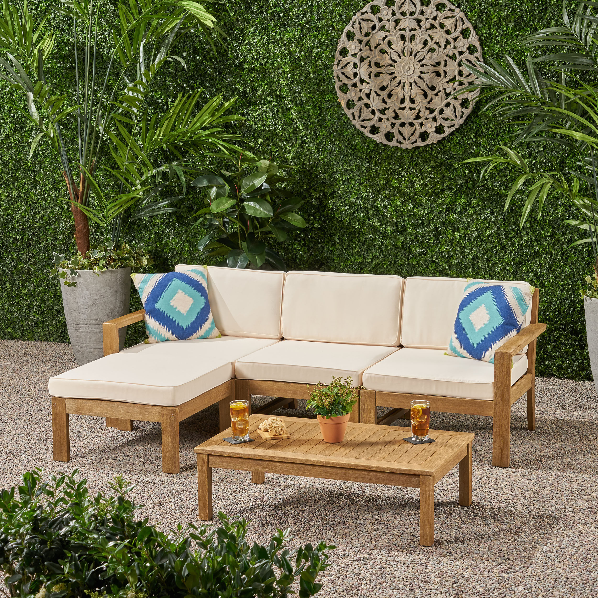 GDF Studio Makayla Outdoor 3 Seater Acacia Wood Sofa Sectional, Light Brown and Cream - image 2 of 10