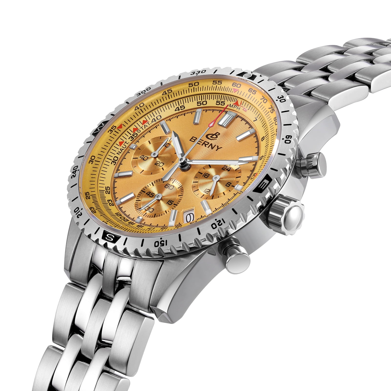 BERNY Silver Chronograph Watches for Men, Sport Luxury Analog Quartz Watch with Tachymeter, Stainless Steel, Waterproof, Luminous, Sapphire Crystal, Date Calender, Men's Wristwatch (Gold)