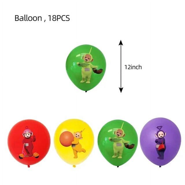 Teletubbies decoración de fiesta de cumpleaños para niños, vasos de papel, plato, tenedor, cuchillo, globo, mantel, bandera para pastel, colocación, suministros para niños