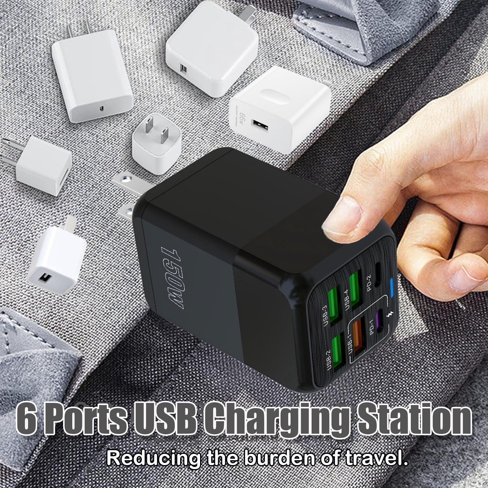 RONY USB C 150W Charger Block: 6-Port Fast Charging Block Power Adapter Compatible with iPhone Samsung Galaxy, Black