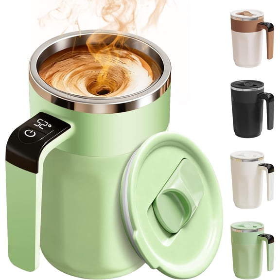 Automatic Stirring Coffee Cup with Temperature Display, Rechargeable Coffee Mug, 13.5oz Self-Stirring Mug with Lid, Stainless Steel Material Suitable for Coffee, Milk, and Other Beverages (Green)