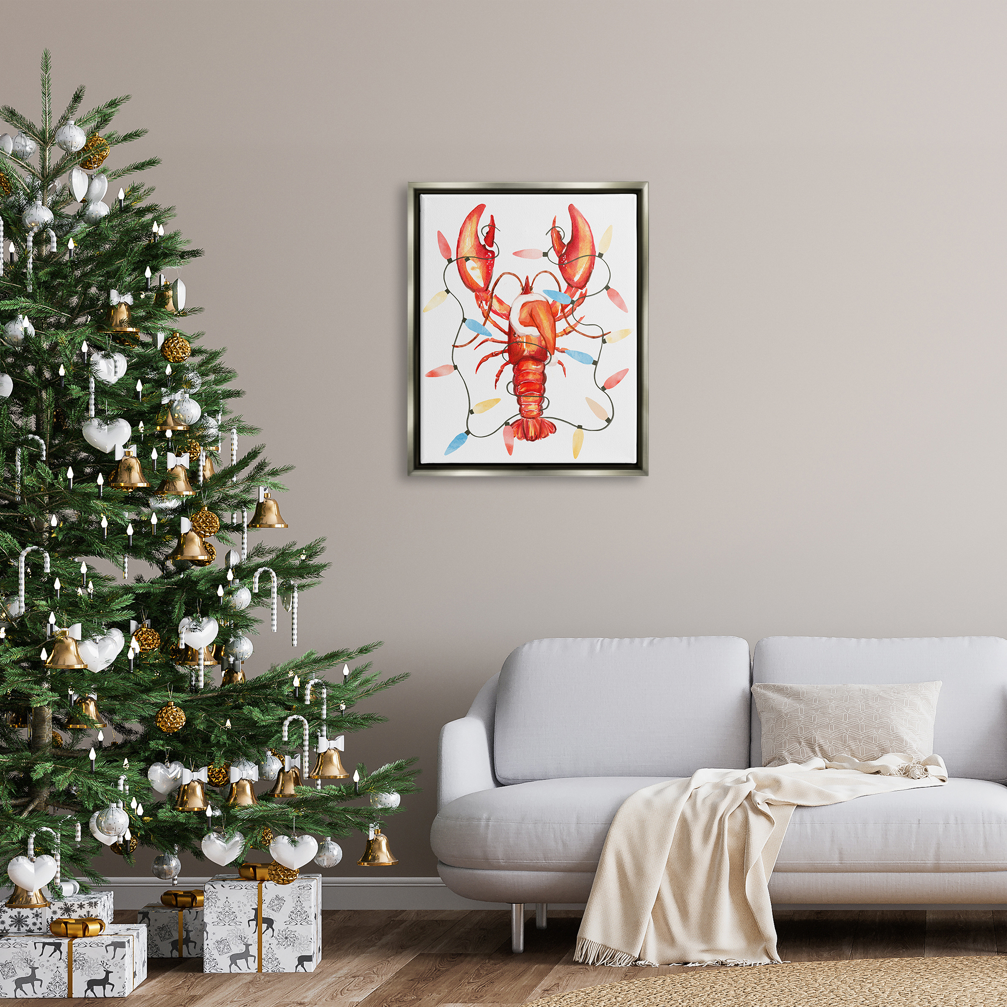 Stupell Industries Nautical Lobster Christmas Lights Holiday Painting Gray Floater Framed Art Print Wall Art